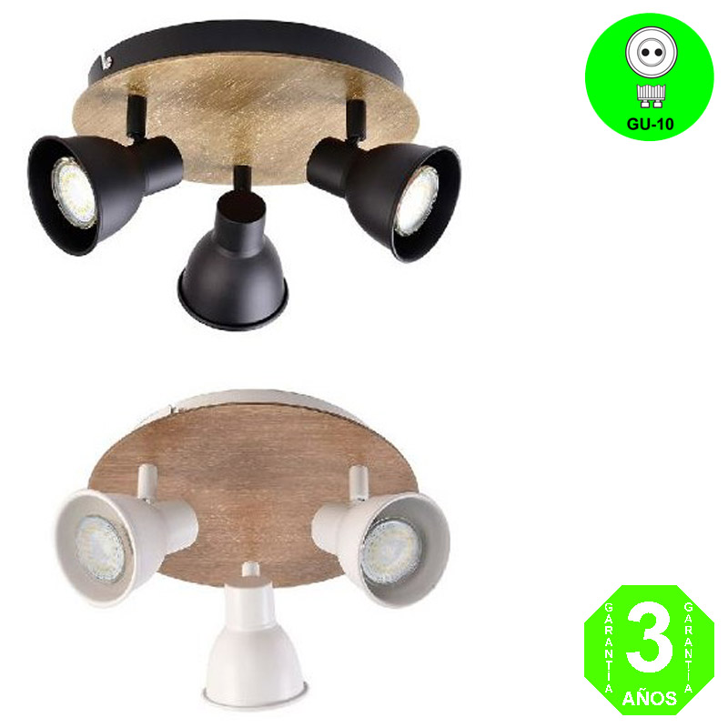 Plafón Aplique MIKO3 Focos Orientables Base madera natural Color Blanco o Negro [ALMIKO3PMB]