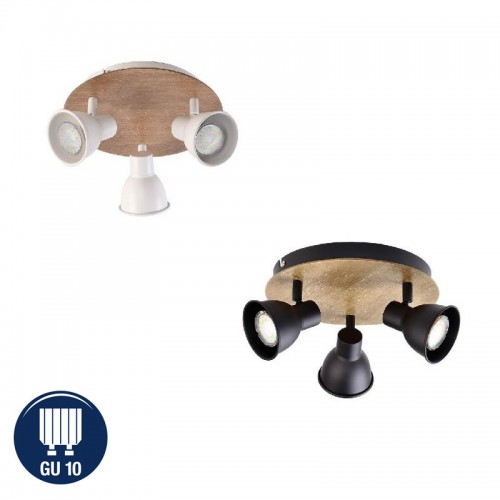 Plafón Aplique 3 Focos Orientables GU10 Base madera natural Foco Blanco o Negro 