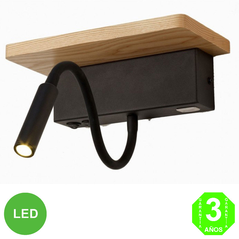 Aplique Flexo Led con USB Interruptor base de madera Pared [ALFP2702MB]