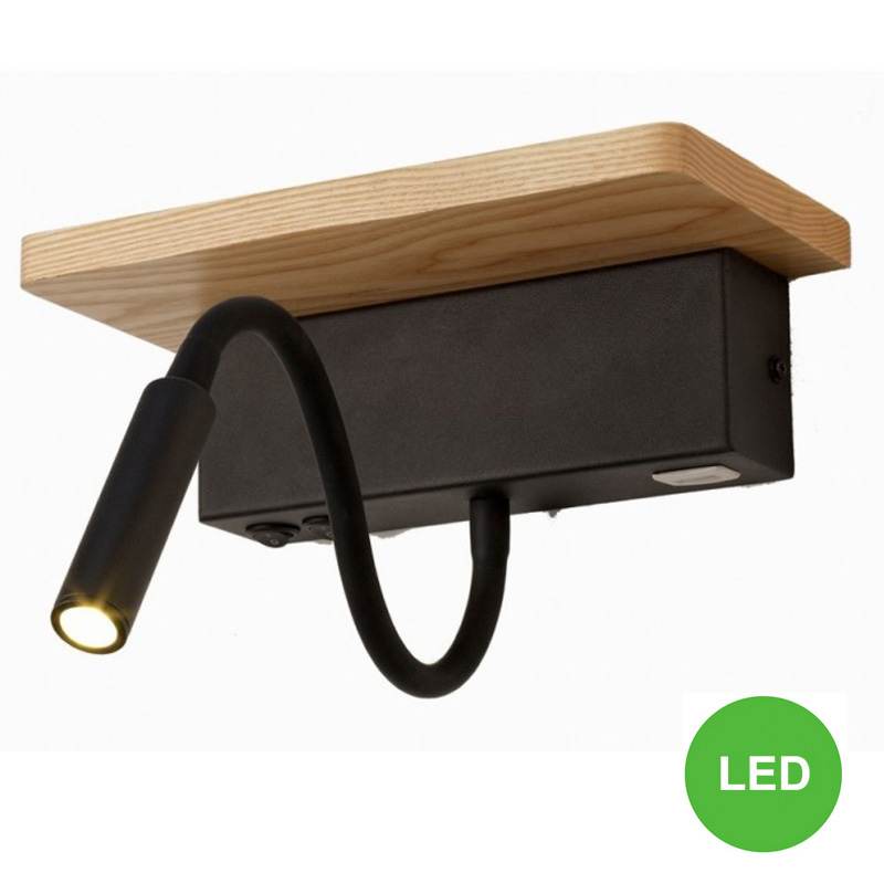Flexo Aplique Pared LED base de madera luz de ambiente y de lectura USB Interruptor 